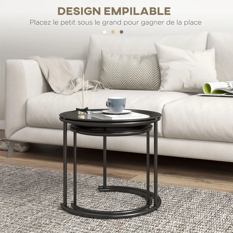 Lot de 2 tables basses gigognes rondes encastrables 43 x 38 cm et 35 x 34 cm plateaux amovibles industriel en acier noir 21_0003144