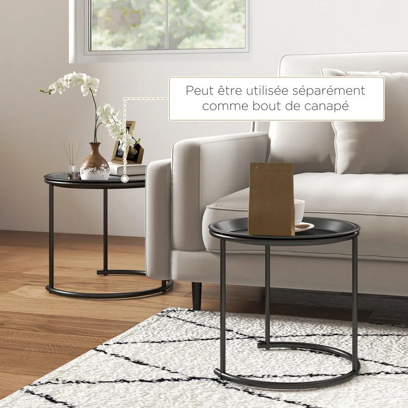 Lot de 2 tables basses gigognes rondes encastrables 43 x 38 cm et 35 x 34 cm plateaux amovibles industriel en acier noir 21_0003144