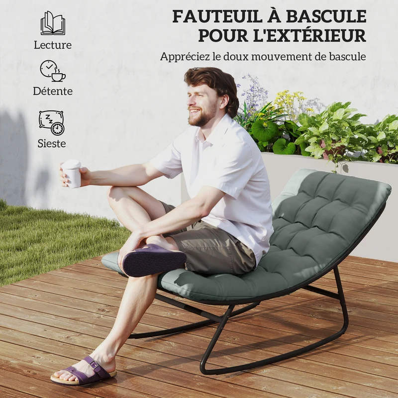 Lot de 2 fauteuils à bascule extérieur 64 x 101 x 71 cm assise respirante coussin épais moderne en acier gris foncé 21_0005260