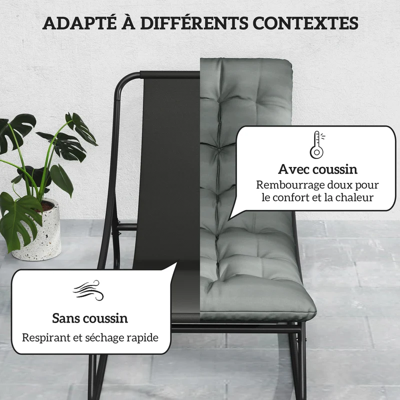 Lot de 2 fauteuils à bascule extérieur 64 x 101 x 71 cm assise respirante coussin épais moderne en acier gris foncé 21_0005260