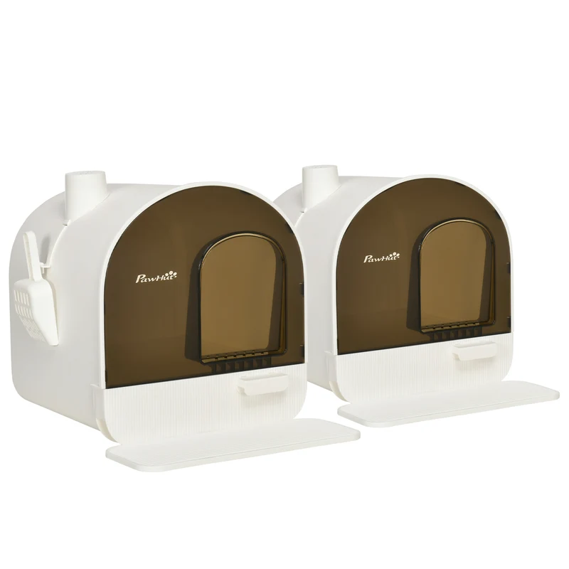 Lot de 2 bacs litière fermés porte battante 43 x 44 x 47 cm nettoyage facile filtre charbon style épuré en PP blanc 21_0007817