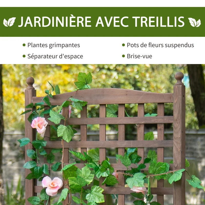 Jardinière sur pied avec treillis balcon jardin 64 x 28 x 120 cm gain de place intimité rustique épuré en bois marron 21_0004193