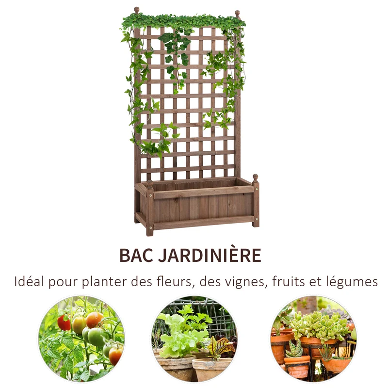 Jardinière sur pied avec treillis balcon jardin 64 x 28 x 120 cm gain de place intimité rustique épuré en bois marron 21_0004193