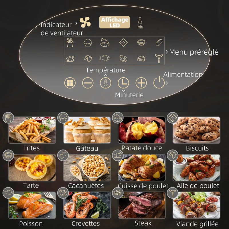 Friteuse sans huile multifonction panier 34 x 26 x 32 cm 12 programmes circulation 360° moderne épuré en plastique noir 21_0000936