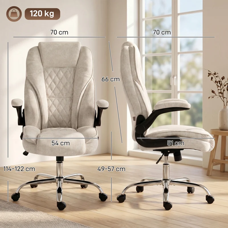 Fauteuil de bureau ergonomique réglable accoudoirs relevables 70 x 70 x 114-122 cm moderne très épuré en velours beige 21_0006285