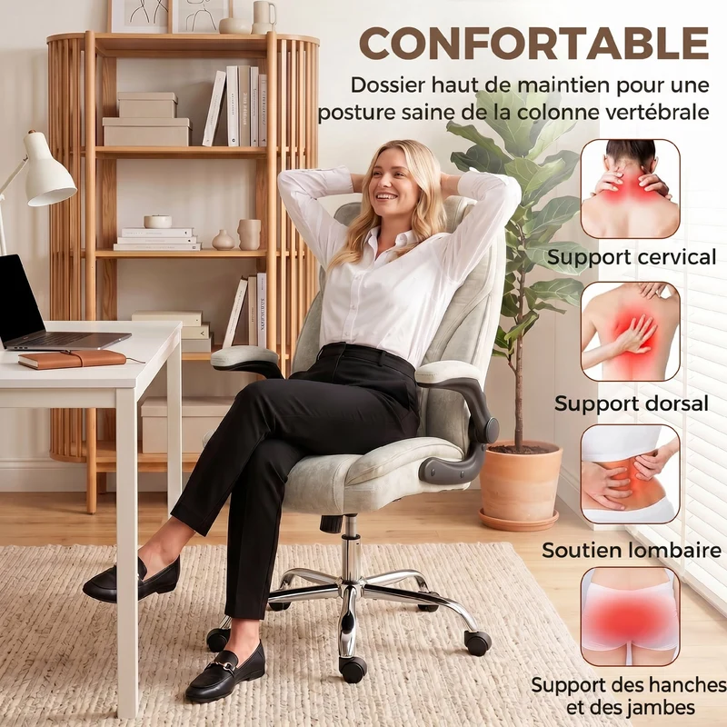 Fauteuil de bureau ergonomique réglable accoudoirs relevables 70 x 70 x 114-122 cm moderne très épuré en velours beige 21_0006285