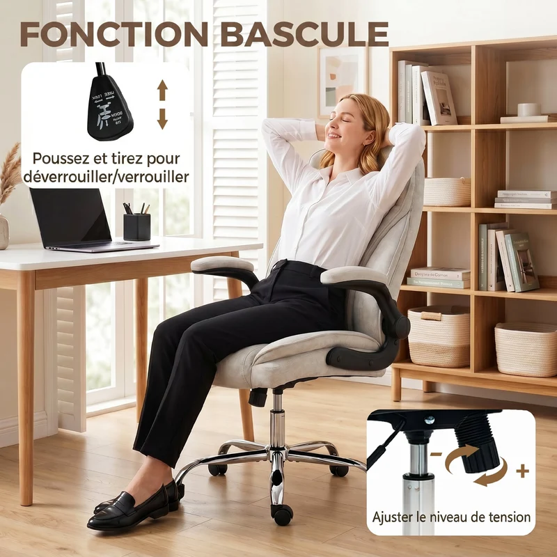 Fauteuil de bureau ergonomique réglable accoudoirs relevables 70 x 70 x 114-122 cm moderne très épuré en velours beige 21_0006285