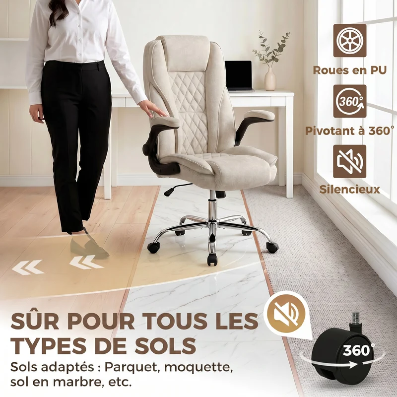 Fauteuil de bureau ergonomique réglable accoudoirs relevables 70 x 70 x 114-122 cm moderne très épuré en velours beige 21_0006285