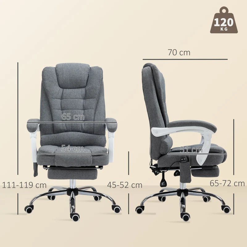 Fauteuil de bureau 65 x 70 x 119 cm massant chauffant dossier inclinable 90 à 135° moderne ergonomique cosy en lin gris 21_0006203