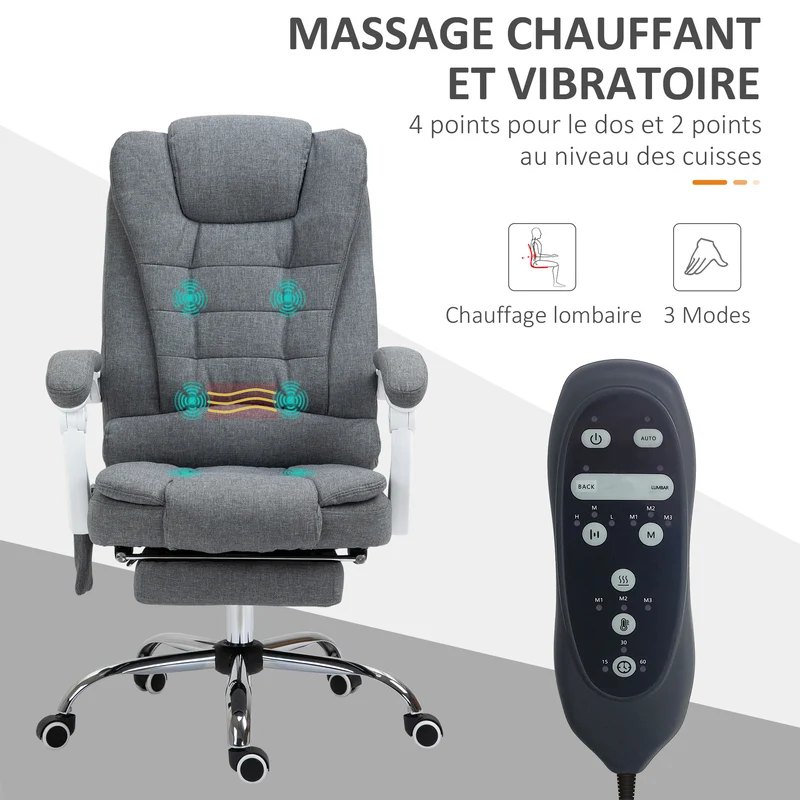 Fauteuil de bureau 65 x 70 x 119 cm massant chauffant dossier inclinable 90 à 135° moderne ergonomique cosy en lin gris 21_0006203