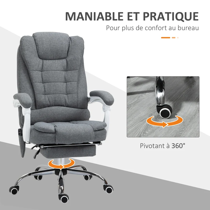 Fauteuil de bureau 65 x 70 x 119 cm massant chauffant dossier inclinable 90 à 135° moderne ergonomique cosy en lin gris 21_0006203