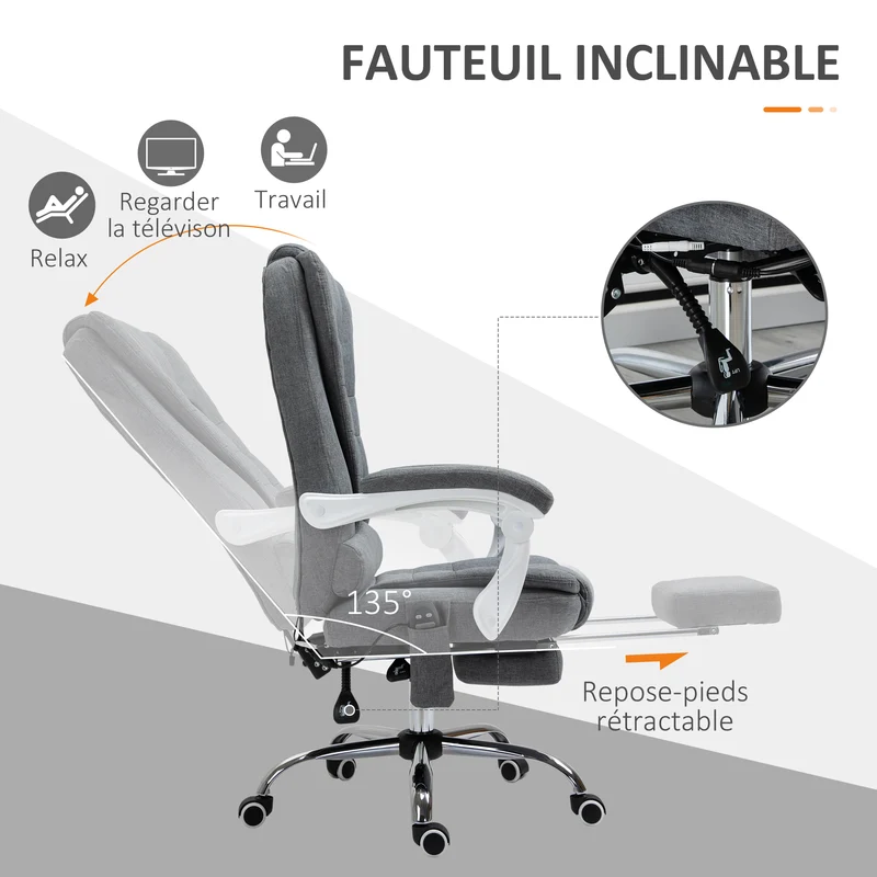 Fauteuil de bureau 65 x 70 x 119 cm massant chauffant dossier inclinable 90 à 135° moderne ergonomique cosy en lin gris 21_0006203
