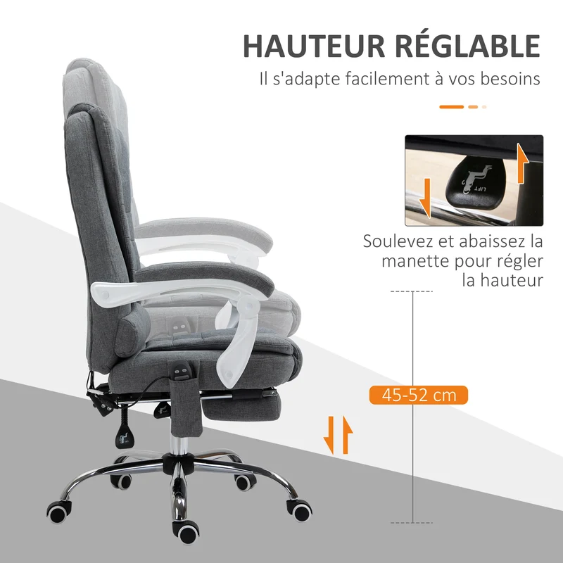 Fauteuil de bureau 65 x 70 x 119 cm massant chauffant dossier inclinable 90 à 135° moderne ergonomique cosy en lin gris 21_0006203