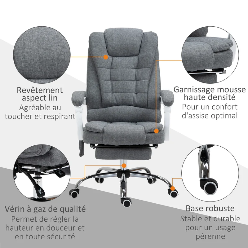Fauteuil de bureau 65 x 70 x 119 cm massant chauffant dossier inclinable 90 à 135° moderne ergonomique cosy en lin gris 21_0006203