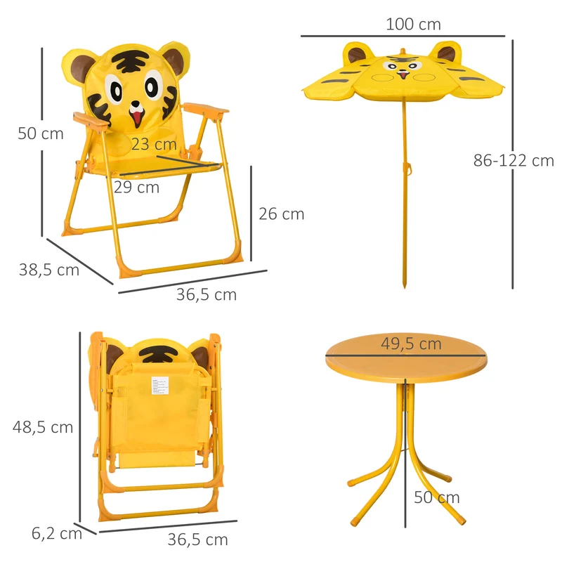 Ensemble salon de jardin enfant table ronde 49.5 x 49.5 x 50 cm chaises pliables dos haut design en métal époxy jaune 21_0000197