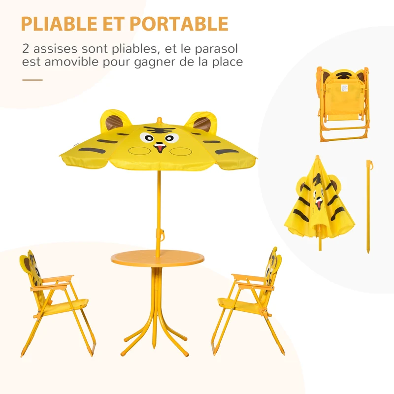 Ensemble salon de jardin enfant table ronde 49.5 x 49.5 x 50 cm chaises pliables dos haut design en métal époxy jaune 21_0000197