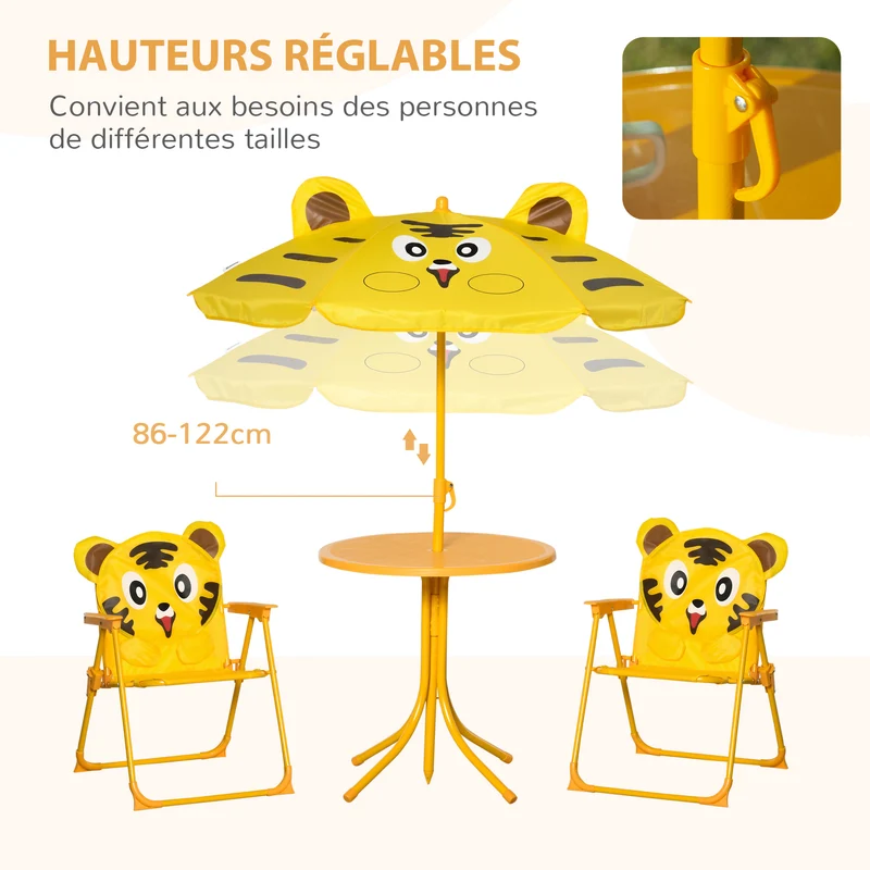 Ensemble salon de jardin enfant table ronde 49.5 x 49.5 x 50 cm chaises pliables dos haut design en métal époxy jaune 21_0000197