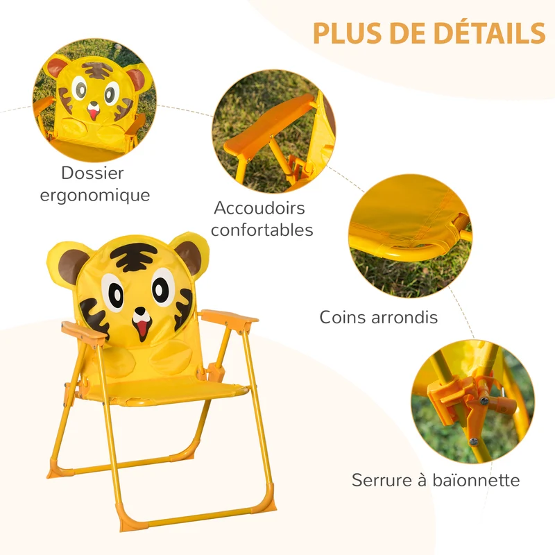 Ensemble salon de jardin enfant table ronde 49.5 x 49.5 x 50 cm chaises pliables dos haut design en métal époxy jaune 21_0000197