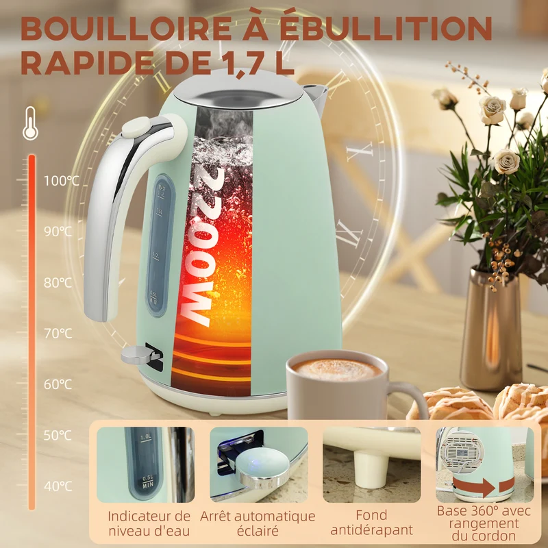 Ensemble bouilloire et grille-pain cuisine 29 x 18 x 24 cm chauffe rapide réglage moderne en acier inoxydable vert 21_0000960