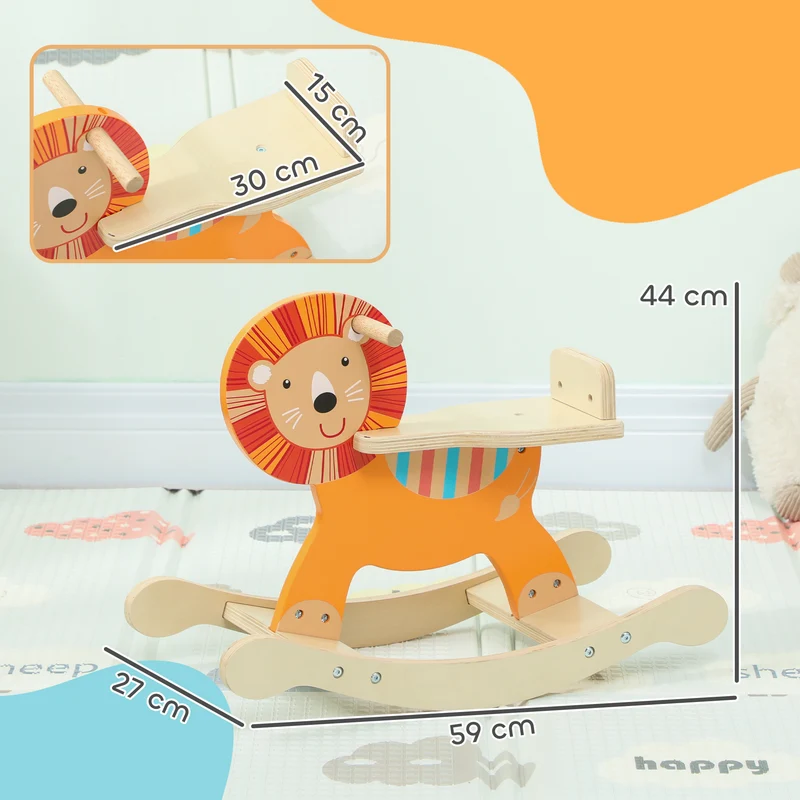 Cheval à bascule enfant lion 59 x 27 x 43 cm base large sécurisée développe équilibre scandinave en contreplaqué orange 21_0000288