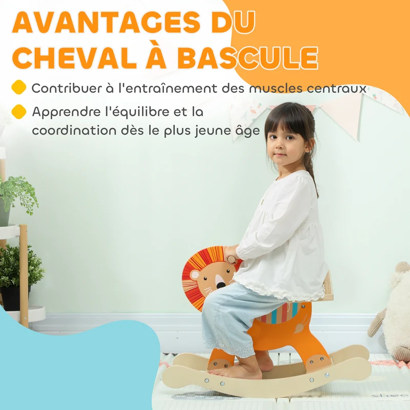 Cheval à bascule enfant lion 59 x 27 x 43 cm base large sécurisée développe équilibre scandinave en contreplaqué orange 21_0000288