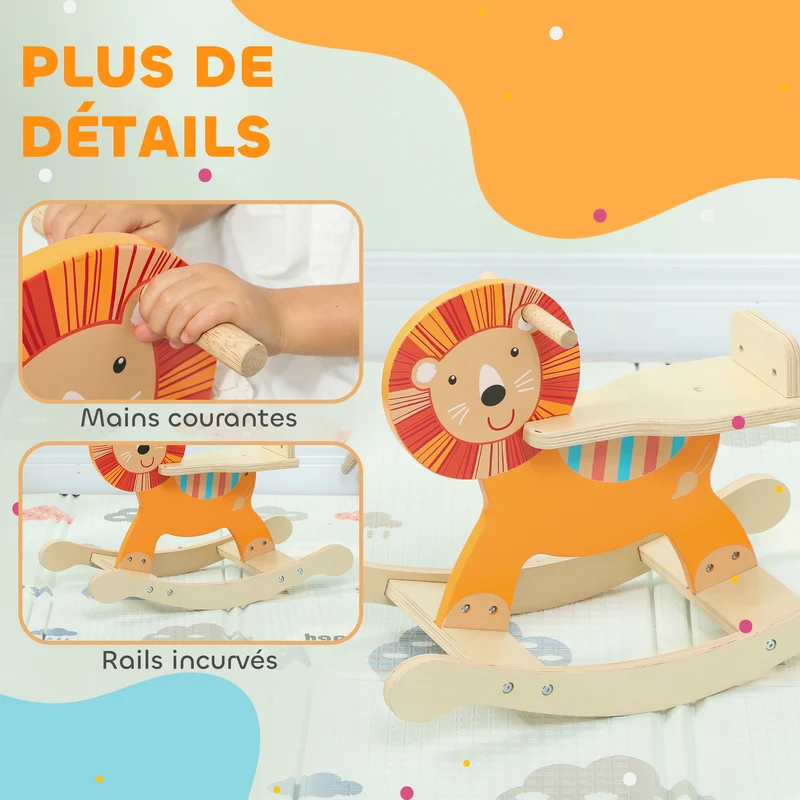 Cheval à bascule enfant lion 59 x 27 x 43 cm base large sécurisée développe équilibre scandinave en contreplaqué orange 21_0000288