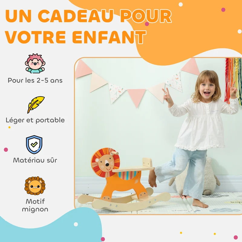 Cheval à bascule enfant lion 59 x 27 x 43 cm base large sécurisée développe équilibre scandinave en contreplaqué orange 21_0000288