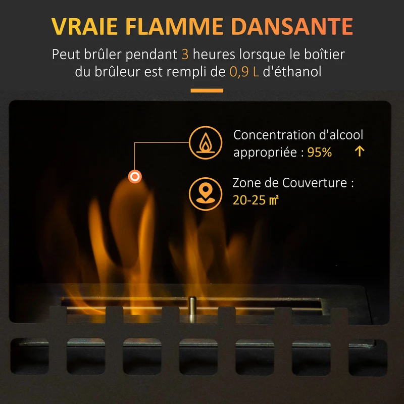 Cheminée bioéthanol sur pied façon poêle 41 x 25 x 54 cm chauffage d'appoint 25 m² très cosy contemporain en métal noir 21_0001130