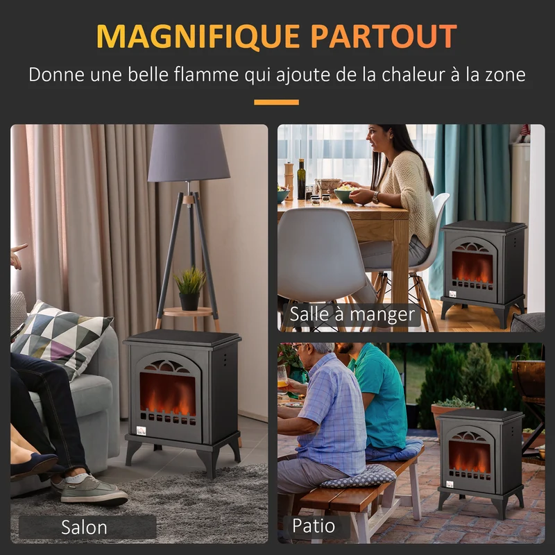 Cheminée bioéthanol sur pied façon poêle 41 x 25 x 54 cm chauffage d'appoint 25 m² très cosy contemporain en métal noir 21_0001130