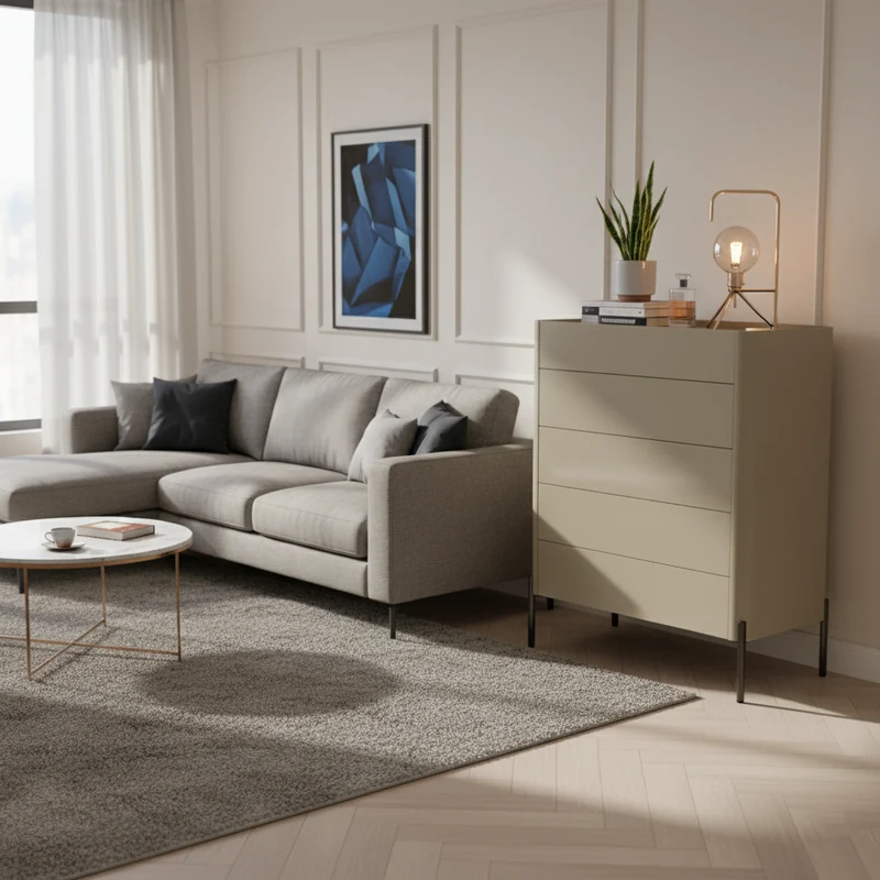 Modern Minimalist E1 MDF Storage Cabinet With Carbon Steel High Legs 5/6-Drawer For Bedroom & Living Room Organization