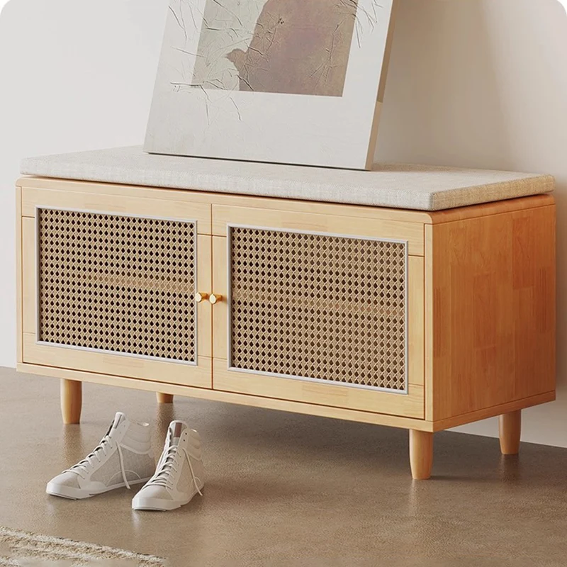 Contemporary Nordic Rectangular Solid Wood & Plastic Rattan Weaving Shoe Bench 2-Storage For Entryway