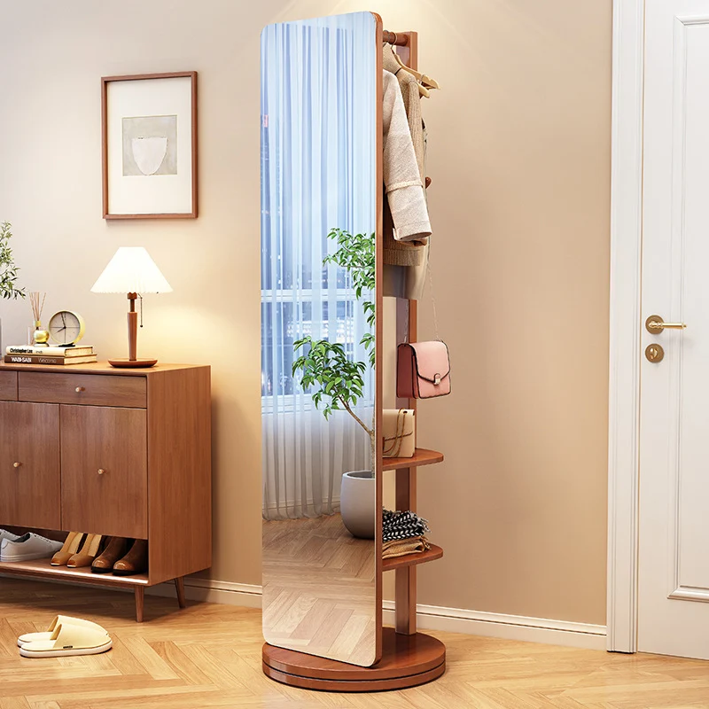 Modern Minimalist Rectangular Solid Wood Rotatable Movable Hall Tree With Mirror & 3-Tier Storage For Bedroom & Entryways