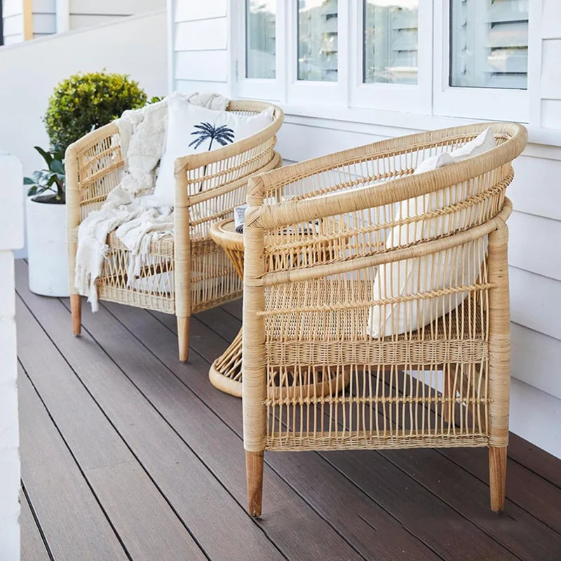 Contemporary Nordic Handwoven Natural Rattan Accent Chair With Round Backrest - Breathable Indoor & Outdoor Lounge Chair For Balcony & Garden