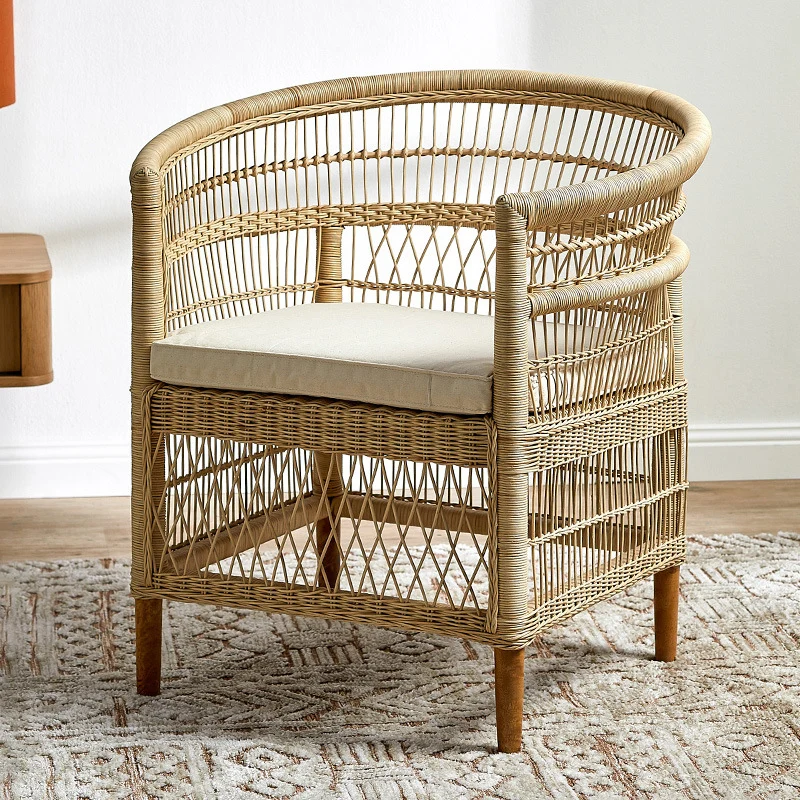 Contemporary Nordic Handwoven Natural Rattan Accent Chair With Round Backrest - Breathable Indoor & Outdoor Lounge Chair For Balcony & Garden
