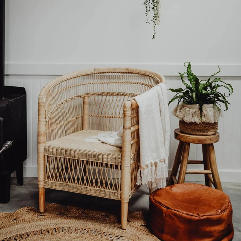Contemporary Nordic Handwoven Natural Rattan Accent Chair With Round Backrest - Breathable Indoor & Outdoor Lounge Chair For Balcony & Garden