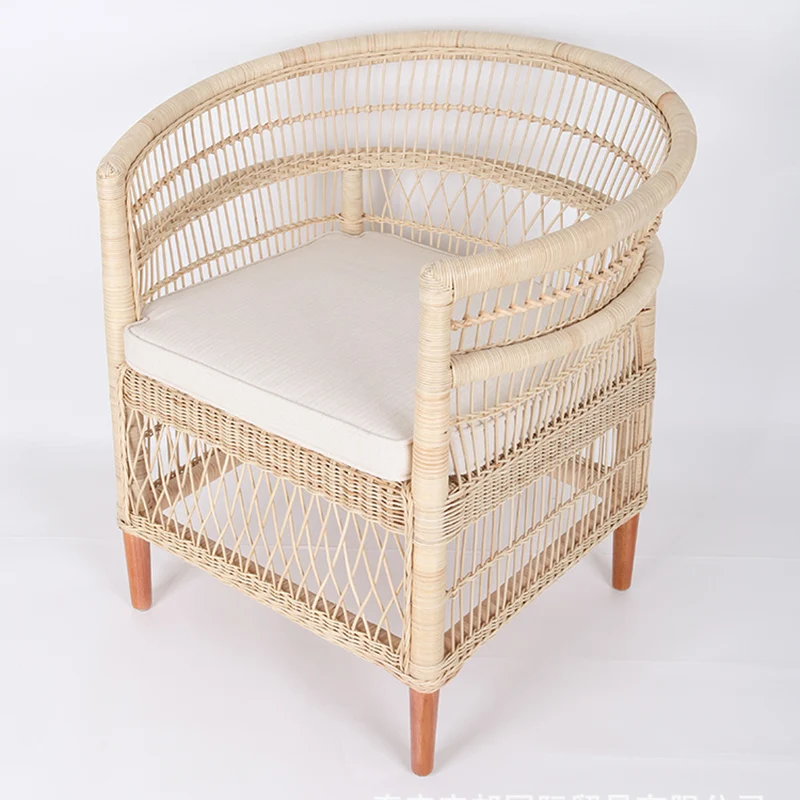 Contemporary Nordic Handwoven Natural Rattan Accent Chair With Round Backrest - Breathable Indoor & Outdoor Lounge Chair For Balcony & Garden
