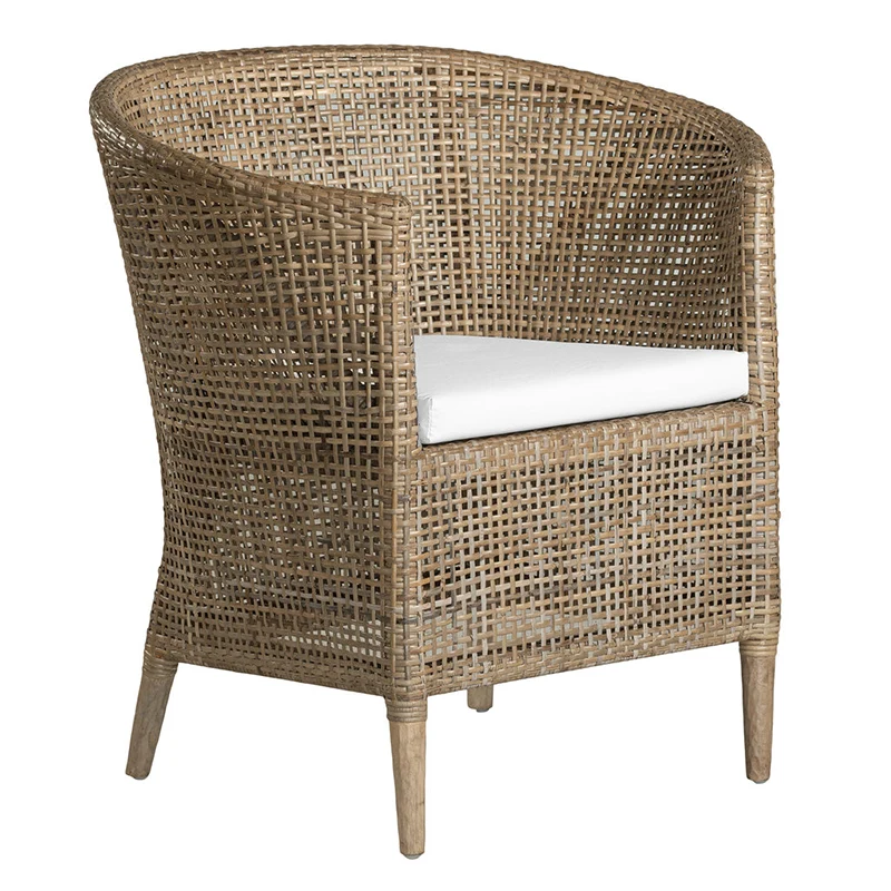 Handwoven Rattan Solid Wood Lounge Chair For Balcony & Patio - Contemporary Nordic Indoor Outdoor Relaxing Accent Chair With Waterproof Cushion