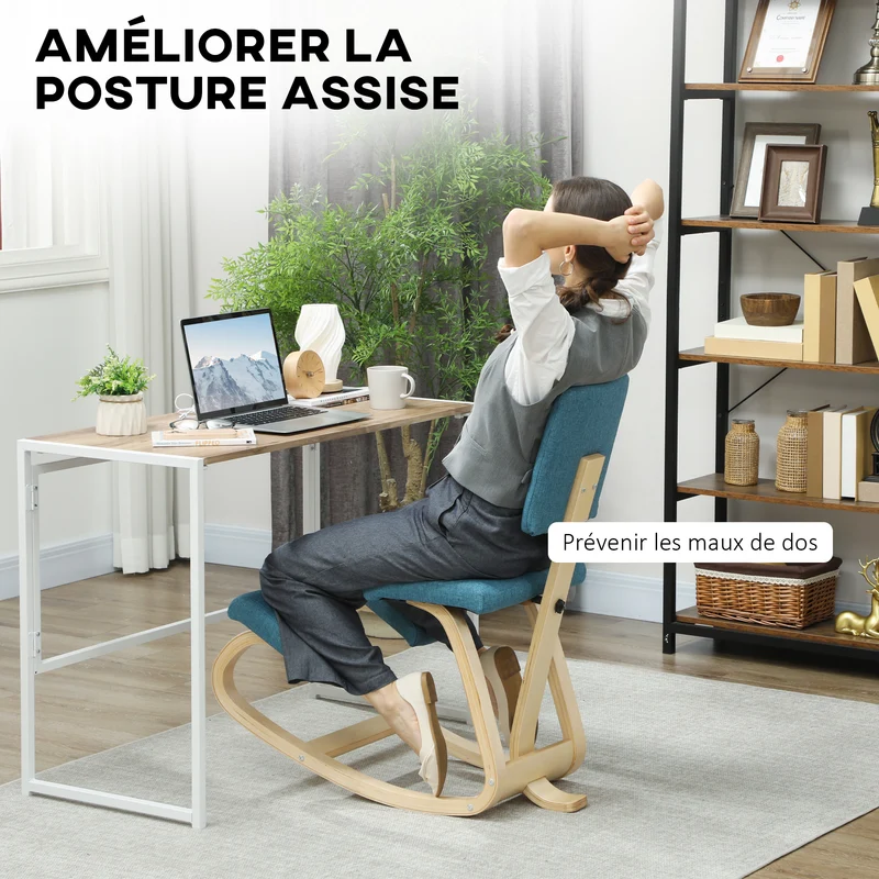 Chaise à genoux ergonomique bureau 51 x 84 x 93 cm améliore posture basculante design scandinave en bois bleu foncé 21_0006277