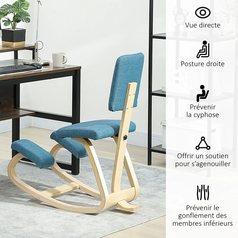 Chaise à genoux ergonomique bureau 51 x 84 x 93 cm améliore posture basculante design scandinave en bois bleu foncé 21_0006277
