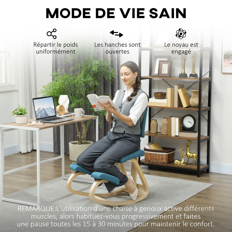 Chaise à genoux ergonomique bureau 51 x 84 x 93 cm améliore posture basculante design scandinave en bois bleu foncé 21_0006277