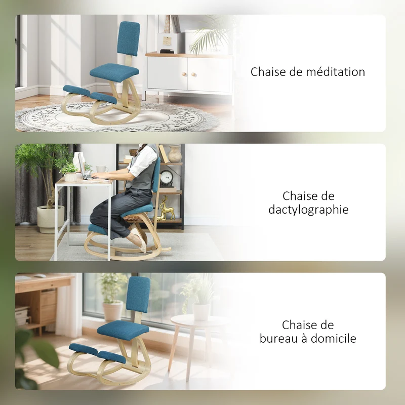 Chaise à genoux ergonomique bureau 51 x 84 x 93 cm améliore posture basculante design scandinave en bois bleu foncé 21_0006277