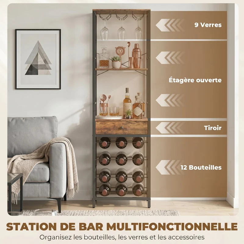 Casier à bouteilles 40 x 30 x 148 cm 12 bouteilles tiroir porte verres industriel en bois d'ingénierie brun rustique 21_0001065
