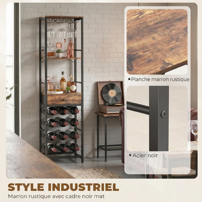 Casier à bouteilles 40 x 30 x 148 cm 12 bouteilles tiroir porte verres industriel en bois d'ingénierie brun rustique 21_0001065