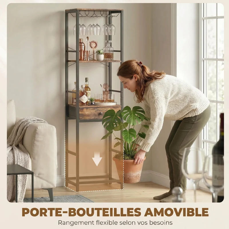 Casier à bouteilles 40 x 30 x 148 cm 12 bouteilles tiroir porte verres industriel en bois d'ingénierie brun rustique 21_0001065