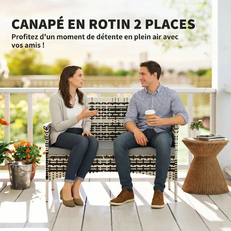 Canapé de jardin 2 places 115 x 63 x 85 cm coussins mousse lavables confort contemporain en résine tressée gris clair 21_0005986