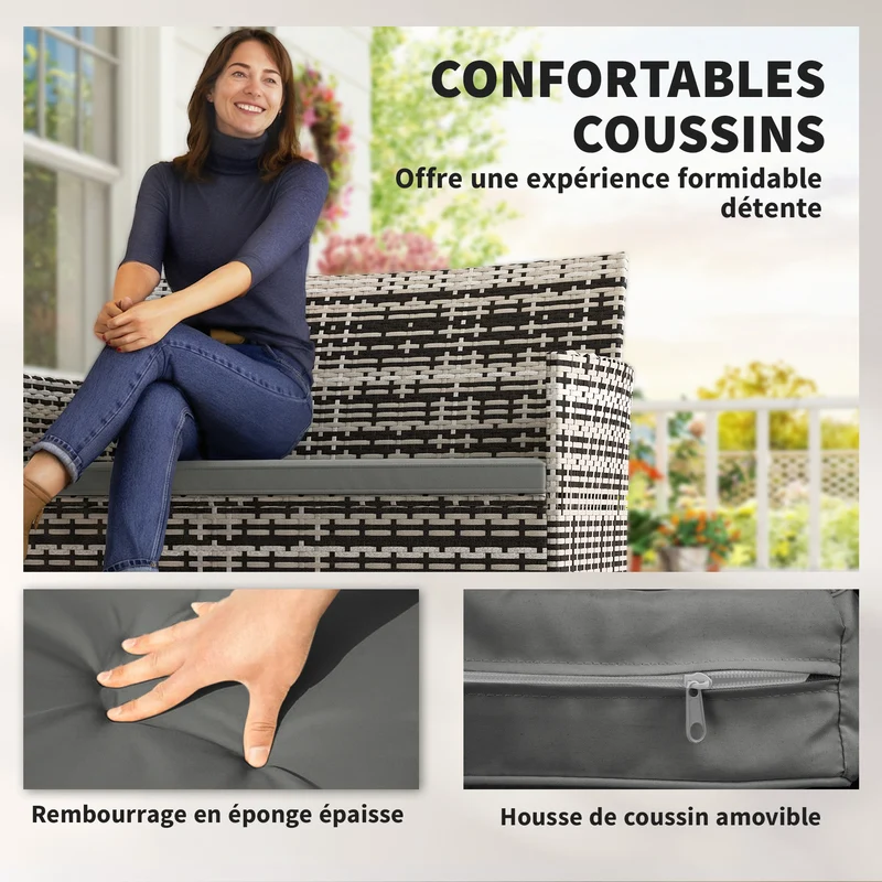 Canapé de jardin 2 places 115 x 63 x 85 cm coussins mousse lavables confort contemporain en résine tressée gris clair 21_0005986