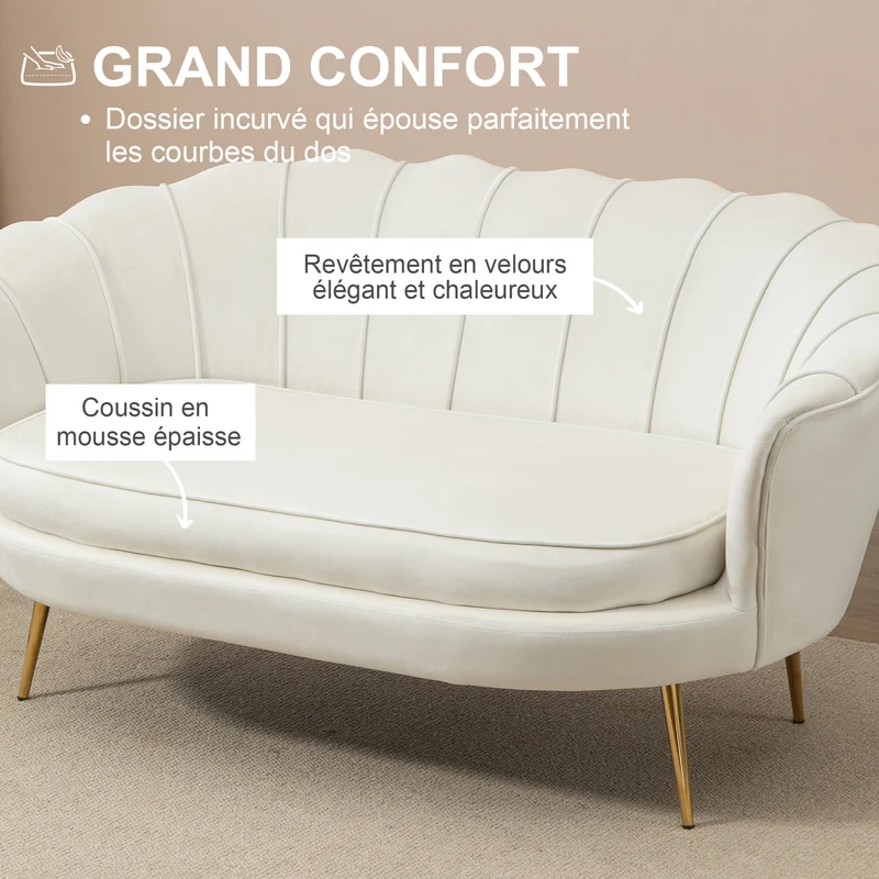 Canapé 2 places forme coquillage 130 x 77 x 77 cm assise 10 cm confort cocooning classique tendance en velours crème 21_0001830