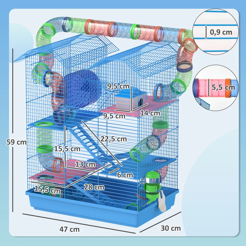 Cage pour petits rongeurs habitat jeu 47 x 30 x 59 cm accessoires 2 étages roue escalier style contemporain en métal bleu 21_0007907
