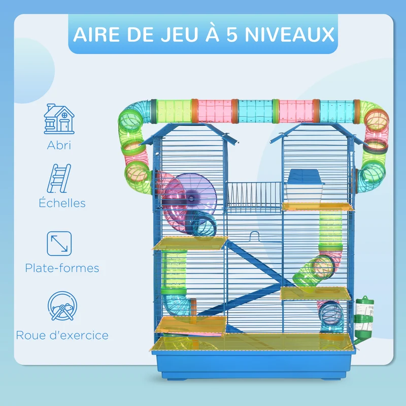 Cage pour petits rongeurs habitat jeu 47 x 30 x 59 cm accessoires 2 étages roue escalier style contemporain en métal bleu 21_0007907