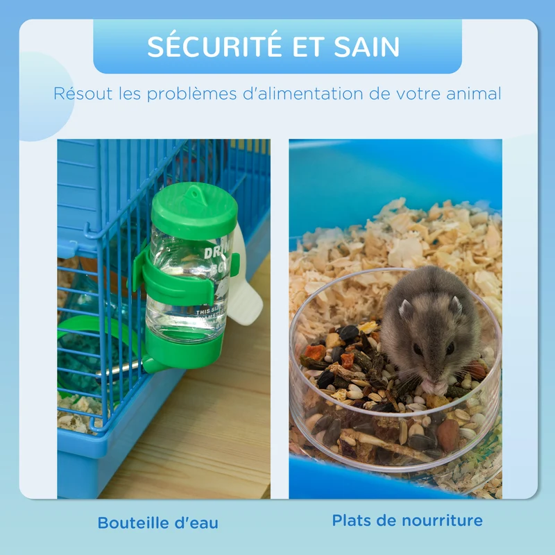Cage pour petits rongeurs habitat jeu 47 x 30 x 59 cm accessoires 2 étages roue escalier style contemporain en métal bleu 21_0007907